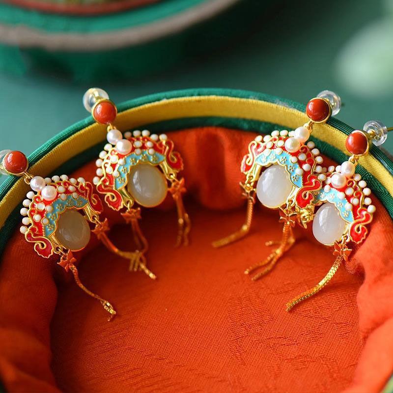 Новые позолоченные овальные серьги с натуральным хэтянским нефритом и красным турмалином юньнаньского происхождения, изысканная роскошная бижутерия для девушек