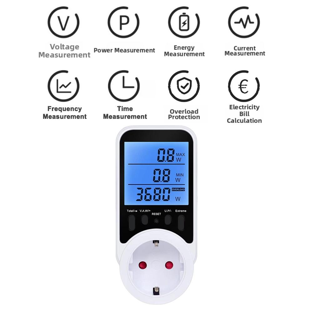Power Measurement Socket with Backlit Screen Current Voltage and Timing Controller Suitable for Home and Office 16A 3680W