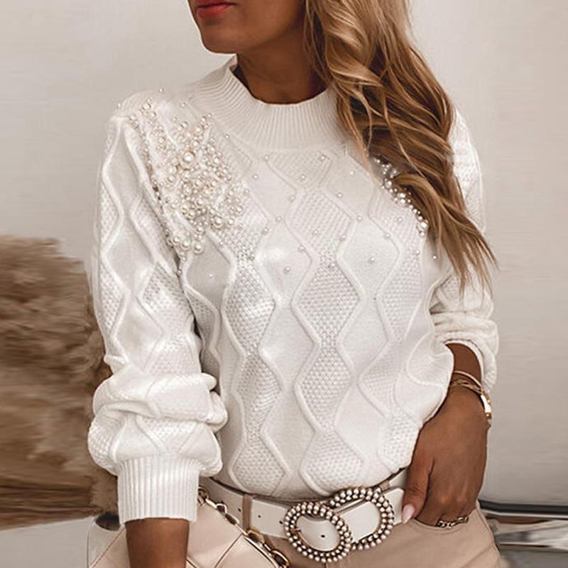 Осень-зима женские свитера 0 Neck Clothing Бисерный декор с длинным рукавом Милый вязаный пуловер Теплый свитер Белый элегантный джемпер