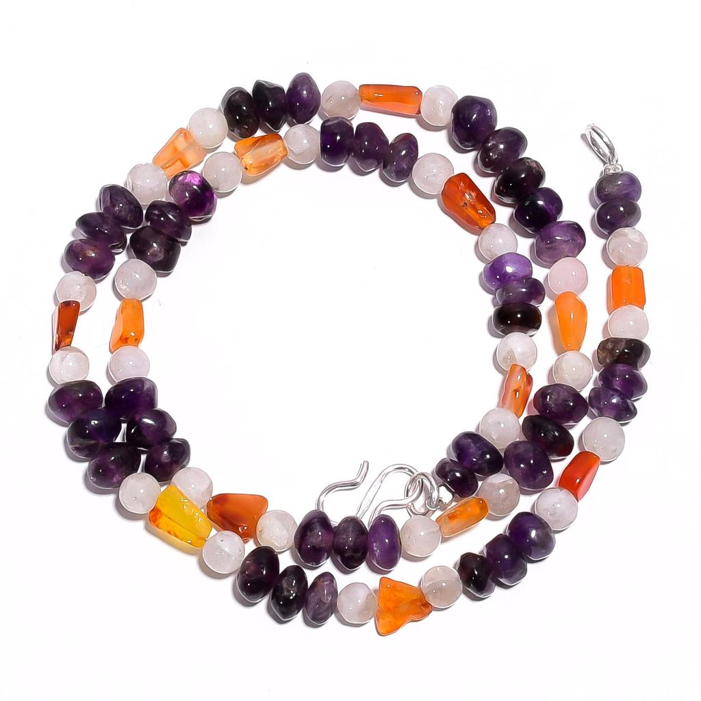 Natural Amethyst Carnelian Moonstone Gemstone Smooth Beads Necklace 17" UB-4636 UB-4636