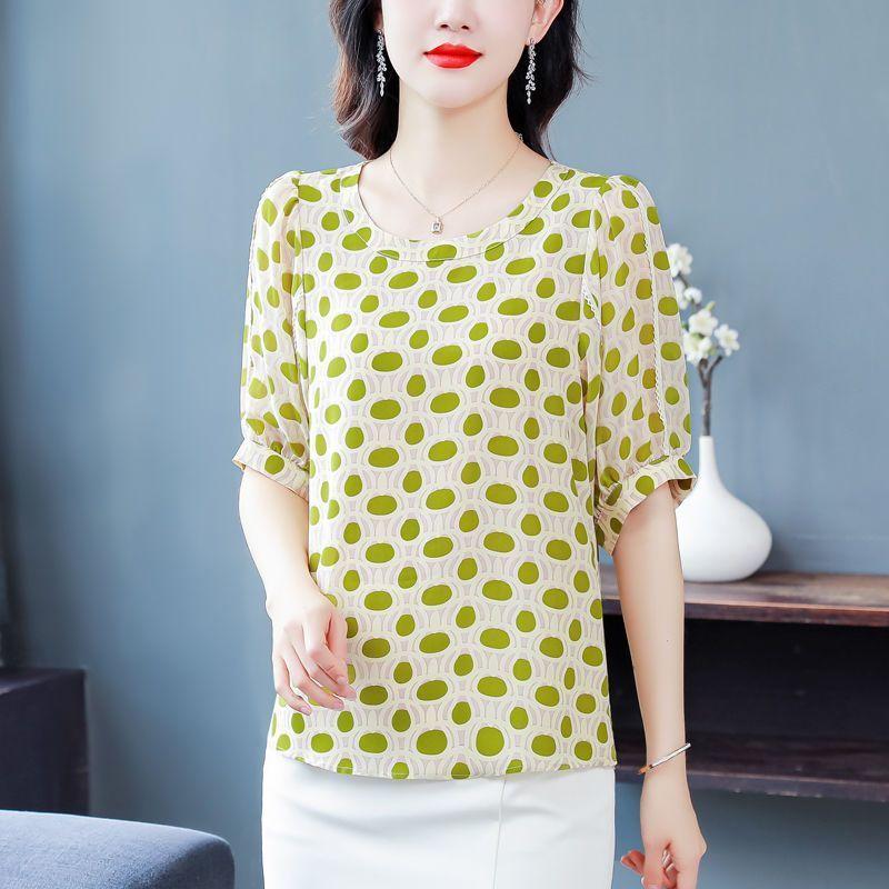 Новый летний топ с короткими рукавами и принтом, модная шифоновая рубашка для мамы, блузка с круглым воротником, M-5XL