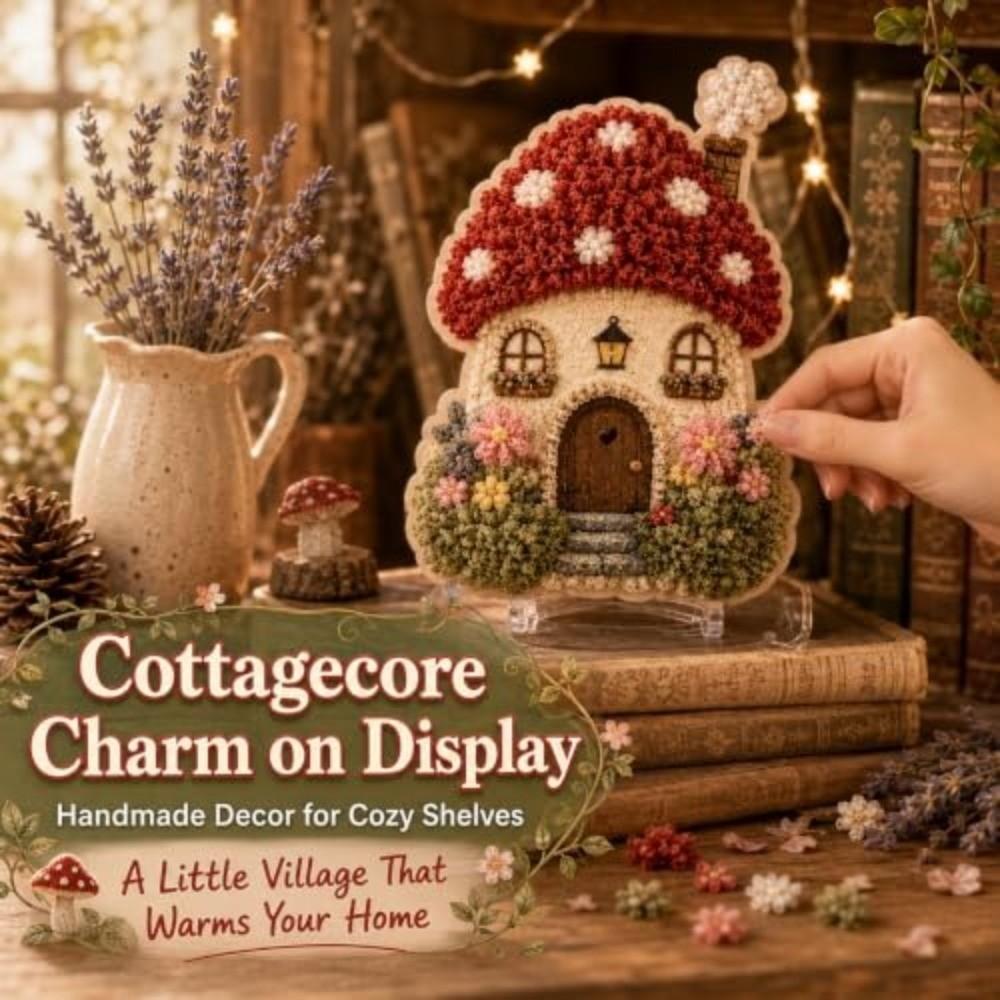 DIY Village 3D Fabric Poke Art Kit Floral Mushroom Cottage Craft Set for Adult Beginner Handmade