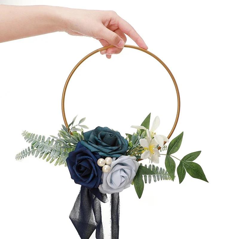 Bridesmaid Gold Hoop Bouquet for Wedding Bridal Shower Ceremony Artificial Rose Flower Hoop Wreath Front Door Wall Decoration