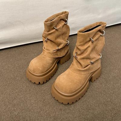 Осенне-зимние женские ботинки до середины икры на толстом высоком каблуке, Лидер продаж 2024 года, готические мотоциклетные ботинки до щиколотки, удобные прогулочные ботинки с пряжкой