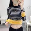 Autumn and Winter Korean Style Striped Warm Velvet Thickened Bottoming Shirt Top with Large Size Women's Slimming T-shirt