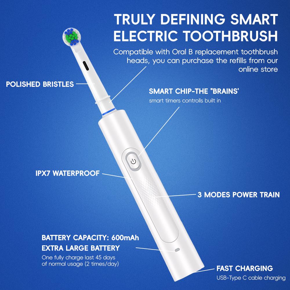 Умная вращающаяся электрическая зубная щетка, 3 режима перезаряжаемые вращающиеся электрические зубные щетки, совместимые со сменными насадками Oral B