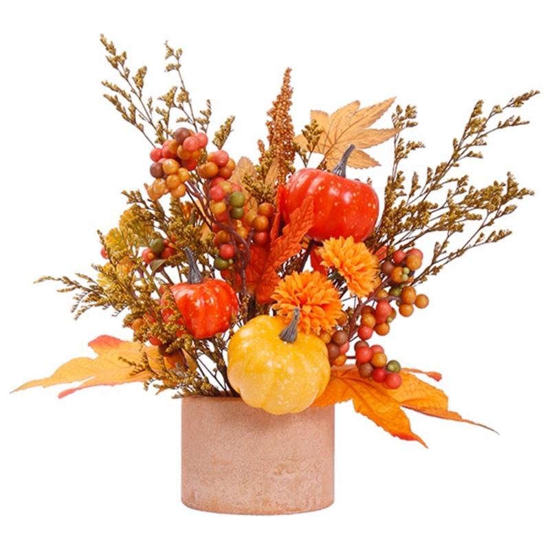 Artificial Maple Leaf Pumpkins Wheat Stalks Tabletop Planter Home Office Decoration Seasonal Display Ornament