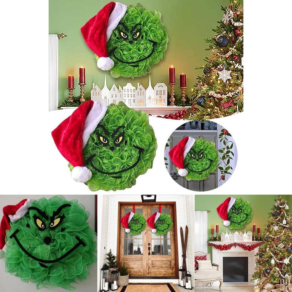 New Grinch Green Monster Plush Christmas Wreath Adorned Festive Holiday Decoration