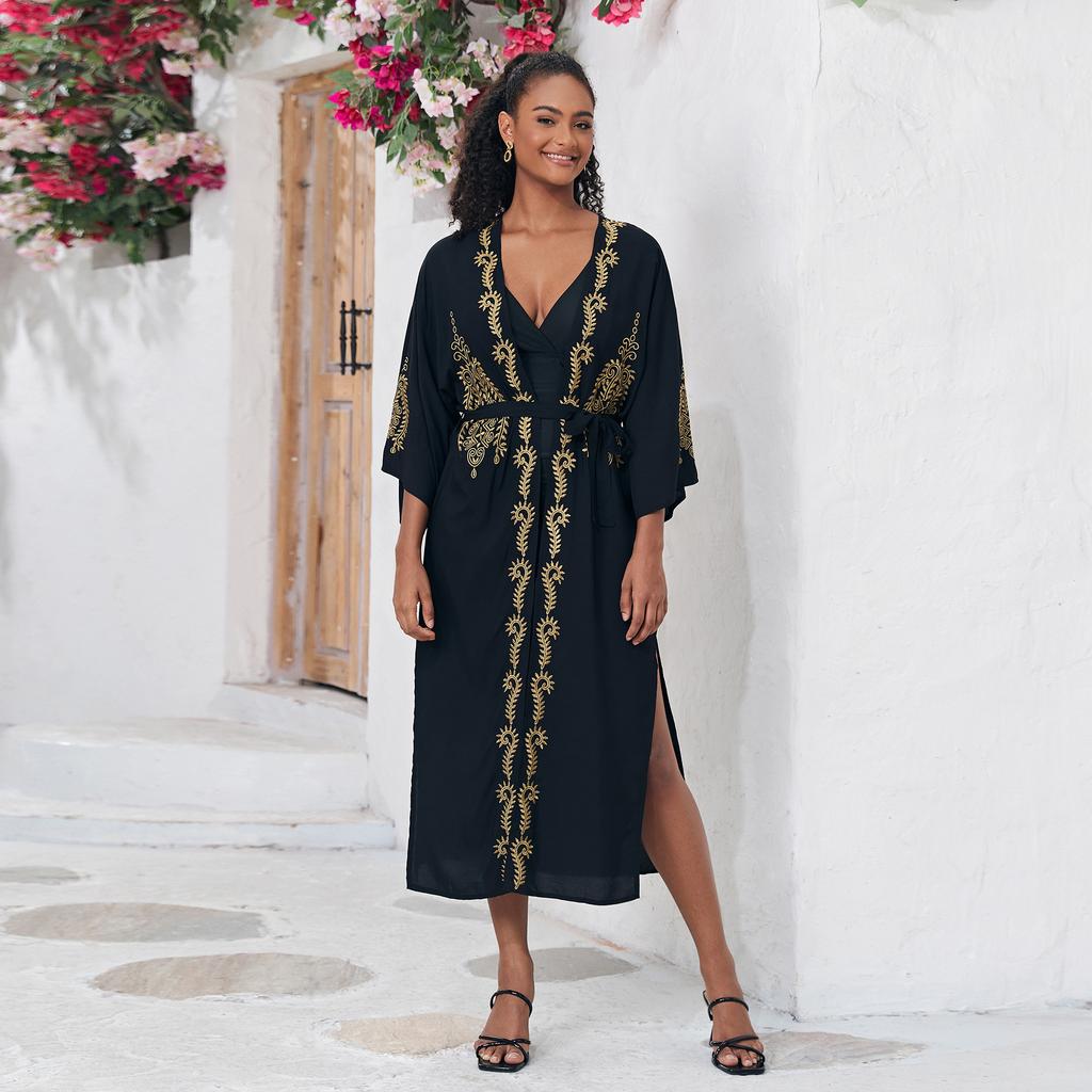 Beach Kimono Gold Embroidery Cover Ups for Swimwear Self Belted Swimsuit Cape Wrap Dresses Holiday Bathing Suits