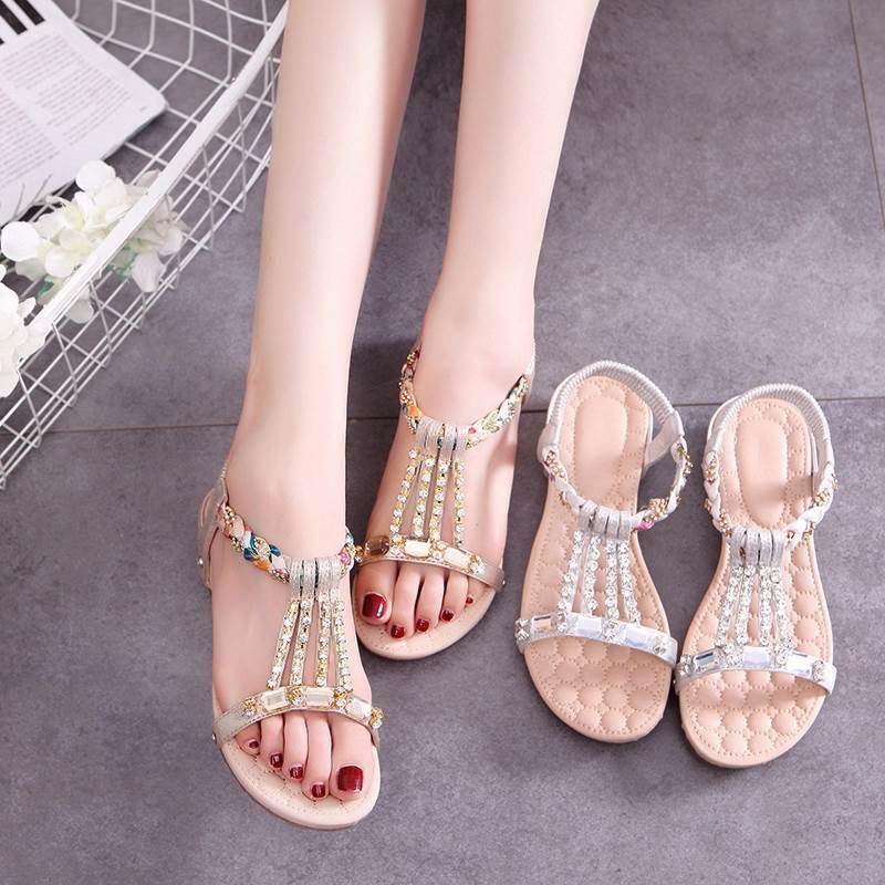Fairy wind soft-soled sandals female summer flats 2025 new non-slip versatile rhinestone bohemian