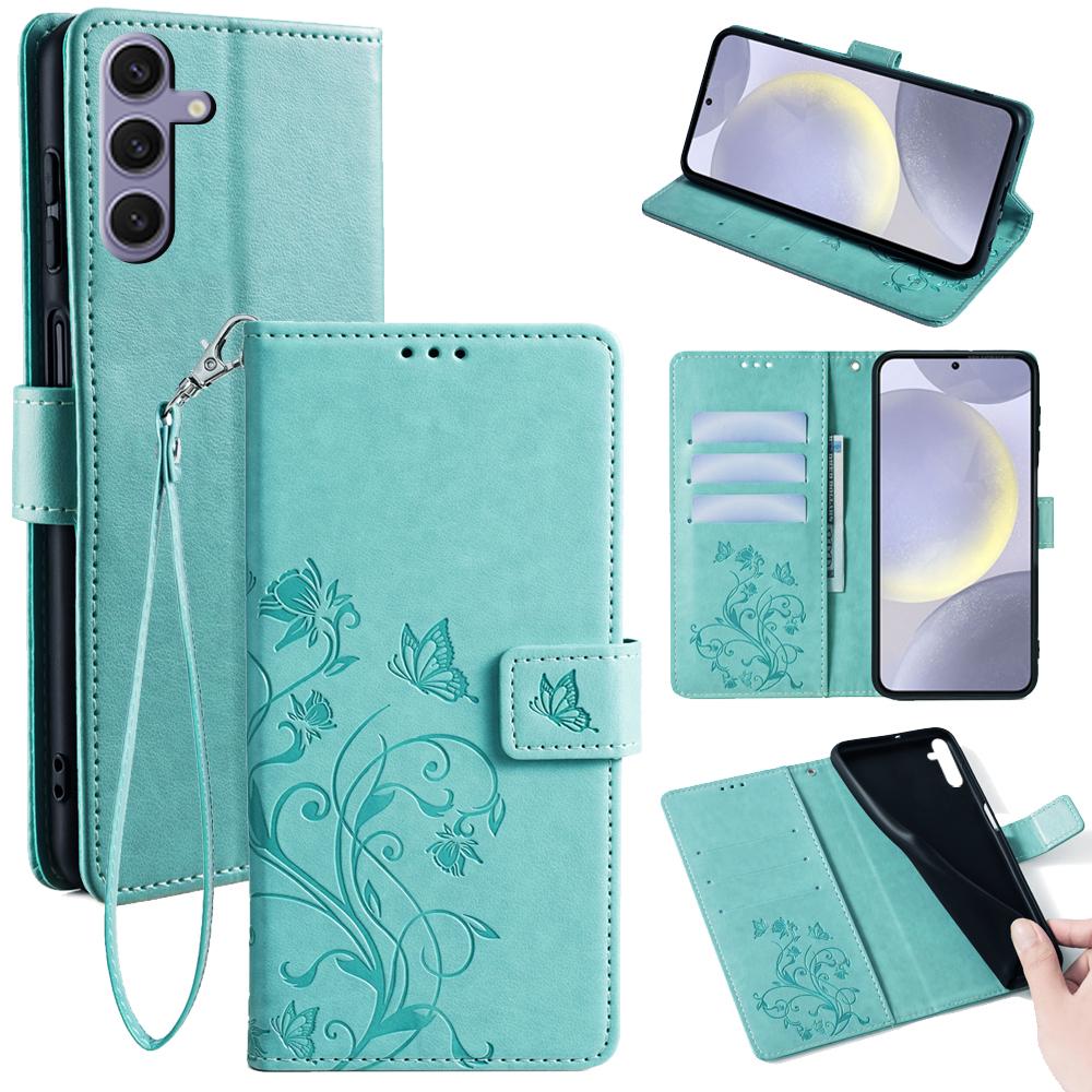 Чехол-кошелек из кожи с тиснением-бабочкой для Samsung Galaxy S24+ с ремешком на запястье