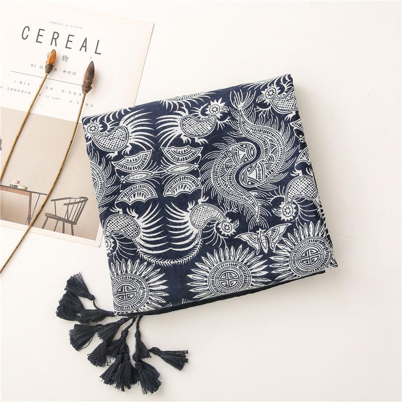 New Women'S Soft Navy Blue Bohemian Tassel Scarf, Fashionable Scarf, Headscarf, Travel, Vacation, Beach Wrap, Shawl