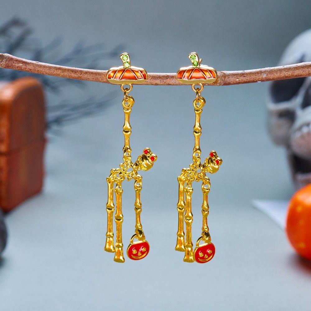 Rhinestone Pumpkin Ear Studs Zircon Long Tassel Drop Earrings Skeleton Dangle Earrings Party