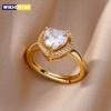 Stainless Steel Heart Rings For Women Zircon Gold Plated Heart Adjustable Ring Femme Wedding Party Accessories Jewelry Gift 2023