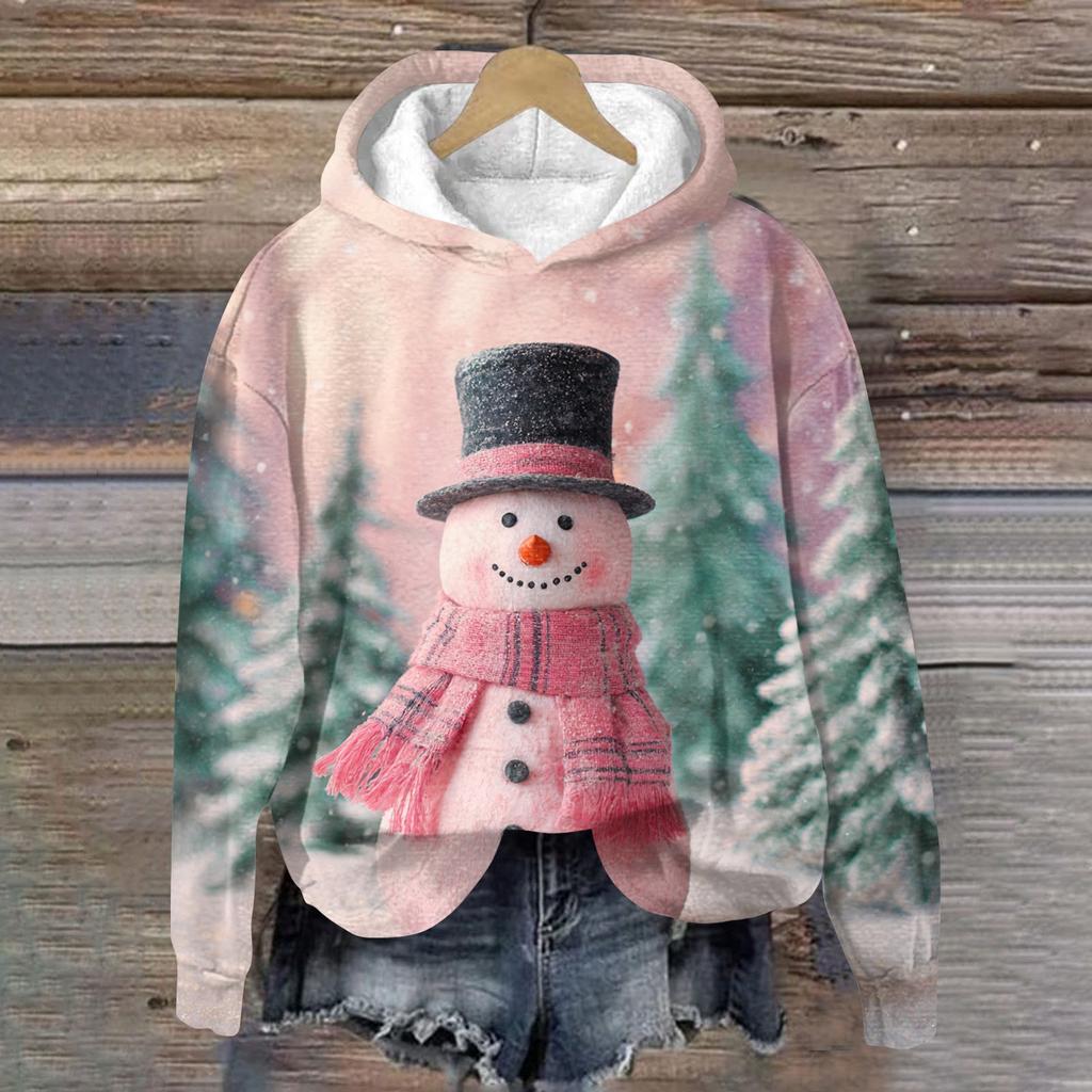 Women's Fashion Long Sleeve Christmas Print Loose Hooded Sweatshirt Top