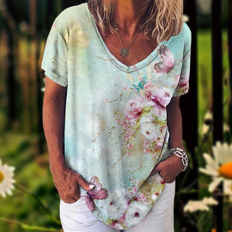 Fashion Women'S T-Shirt 3d Flowers Print Clothing V-Neck Short Sleeve Tops Summer Harajuku Ladies Pullover Oversized Female Tees
