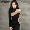 Vintage Design Feeling Off-shoulder Contrast Color High-neck Long-sleeved T-shirt with Waistband and Thin Bottom Shirt Cut-out Sexy Hot Girl Pullover