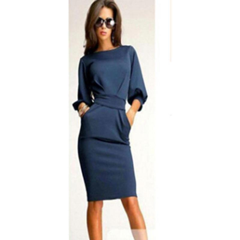 Elegant Women Fashion Sexy Fifth Sleeve Round Neck Pocket Bodycon Cocktail Dress
