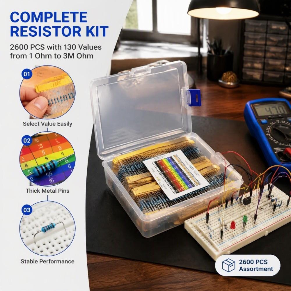 2600pcs 130 Values Resistors Assortment Kit Metal Carbon Film Resistors For Hobbyists