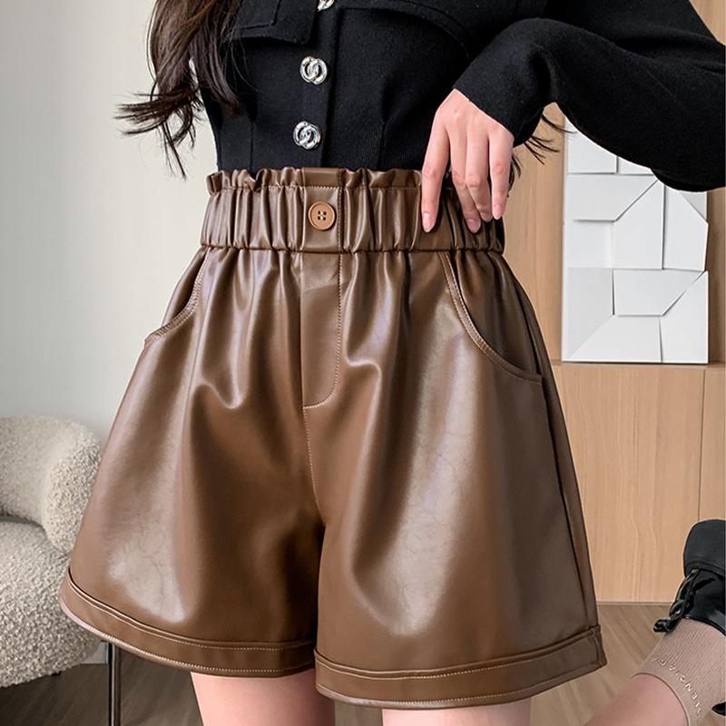 Кожаные брюки, шорты, женские модные свободные брюки трапециевидной формы с высокой талией и широкими штанинами