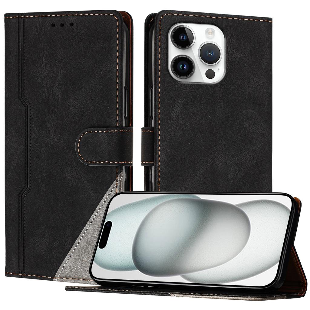 For iPhone 16 Pro Max Leather Case Triangle Patchwork Wallet Stand Shockproof Phone Cover