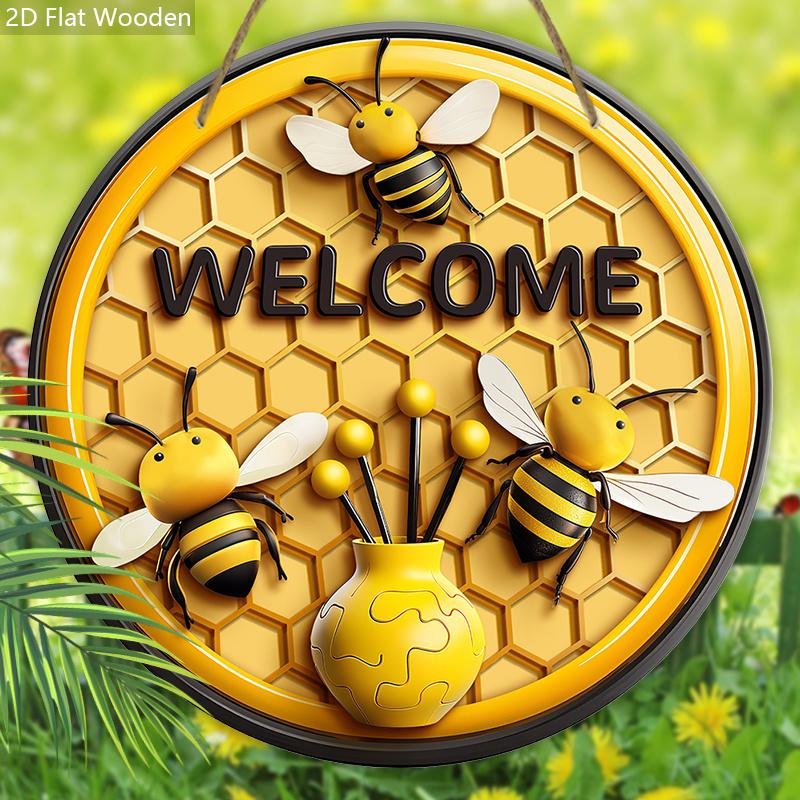 Rustic Wooden Welcome Sign with Adorable Bees & Flower Pattern - Hive Wooden Decorative Hanging Plaque for Front Door, Wall Hanging Decorecor