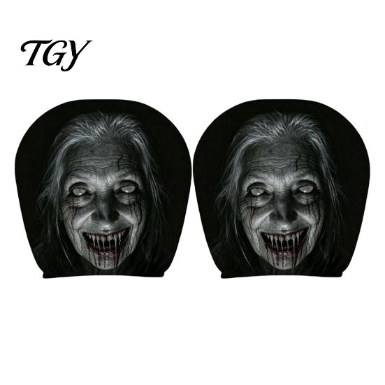 Seasonal Car Interior Decorations 2Pcs Funny Headrest Covers, Scary Faces Easy Install Auto Protector Seat Protectors, Universal Breathable