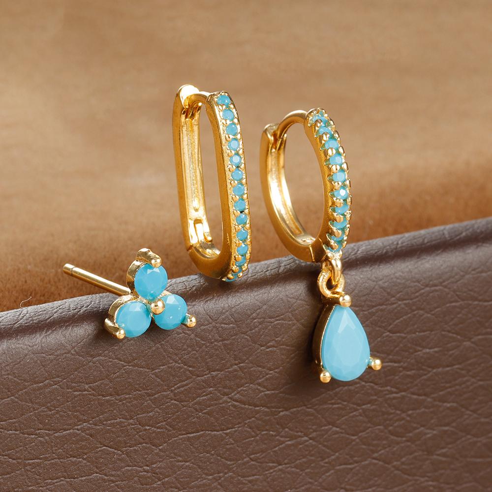 3PCS Fashion Water Drop Huggie Hoop Earrings Set for Women Three-petal Flower Stud Earrings Prevent Allergy Piercing Jewelry