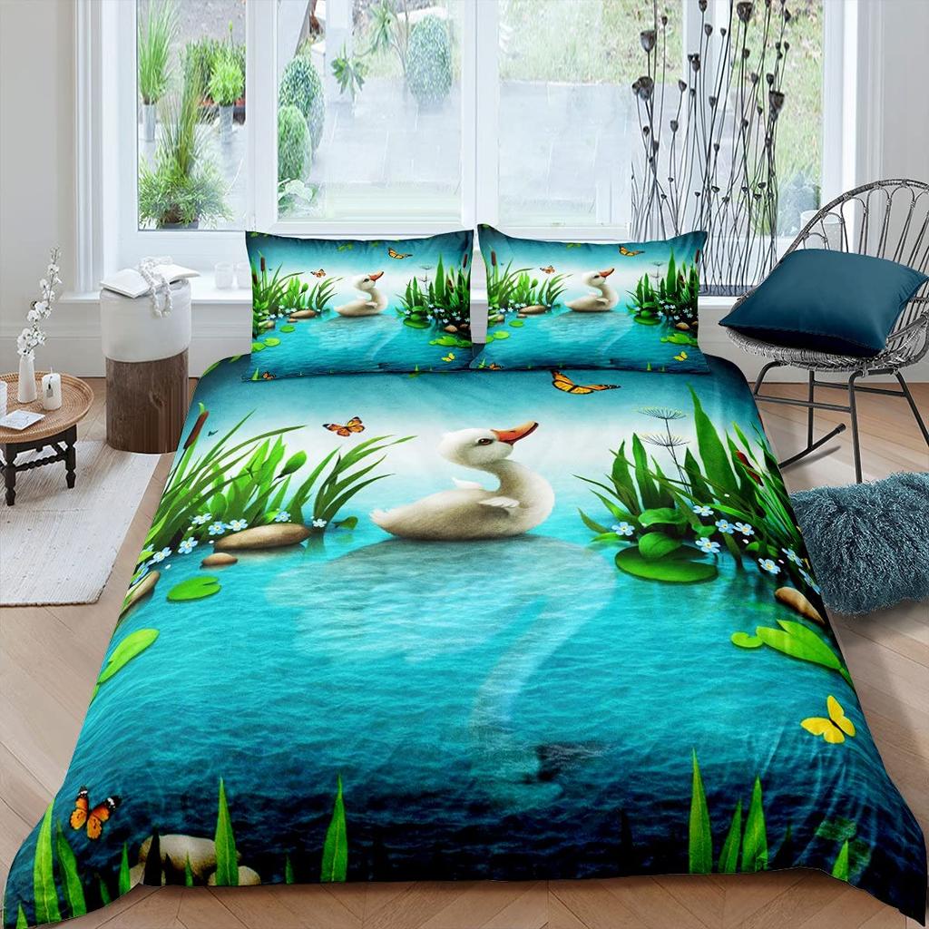 Cartoon Yellow Duck King Queen Duvet Cover Farm Lovely Animal Bedding Set Blue Bubble Quilt Cover Soft Polyester Comforter Cover