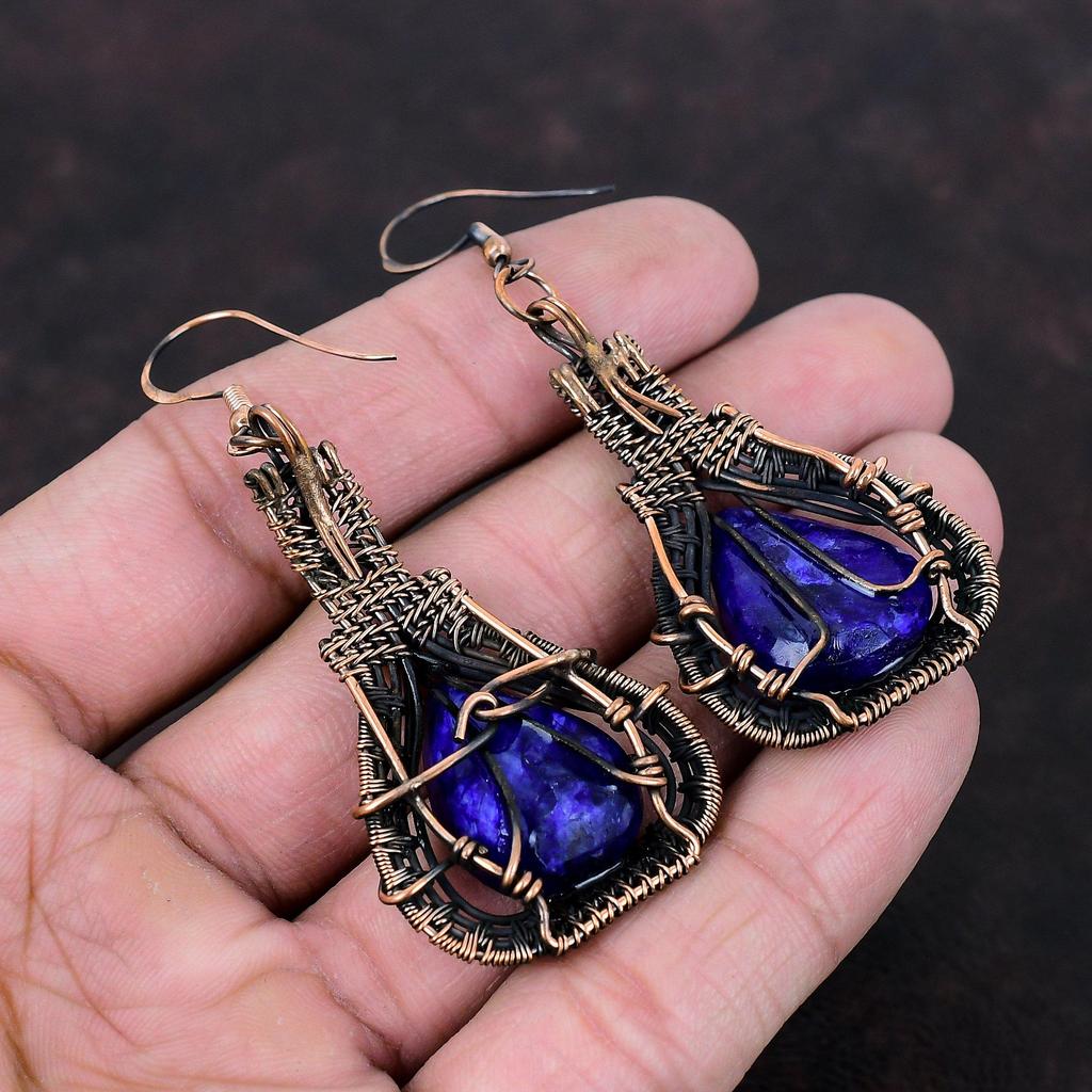 Граненые серьги с синим сапфиром, серьги из медной проволоки, изящные серьги ручной работы, драгоценный камень, медные ювелирные серьги для женщин, подарок на годовщину