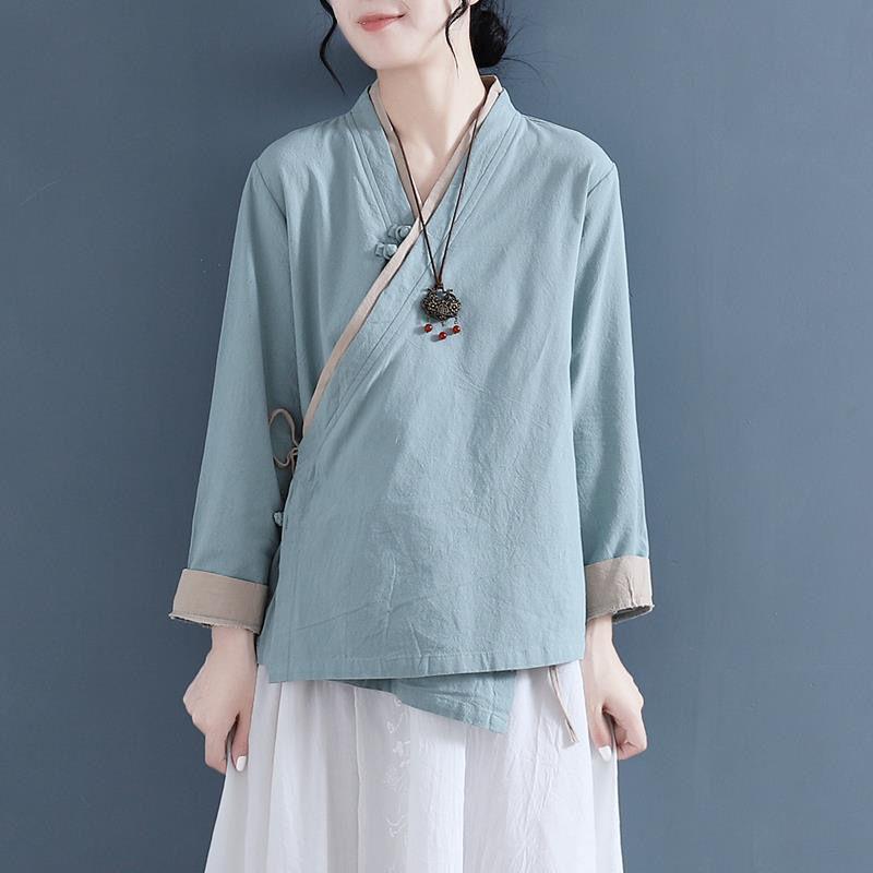 Литературно-художественная рубашка с косым воротником и длинными рукавами, женская хлопковая льняная рубашка в китайском стиле ханьфу