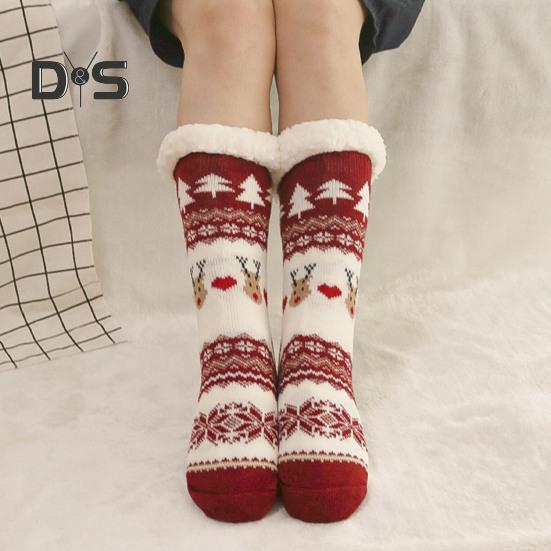 1 Pair Winter Floor Socks Thickened Fuzzy Plush Warmth Retention Christmas Elk Snowflake Print Leg Warmer Silicone Bottom Fall Winter Floor Socks