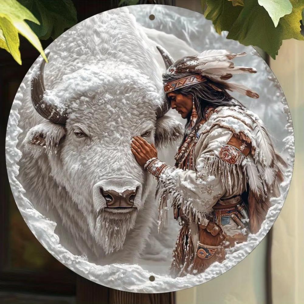 Круглая настенная художественная вывеска из алюминия, винтажная металлическая табличка с изображением буйвола и американских индейцев, универсальная праздничная тема