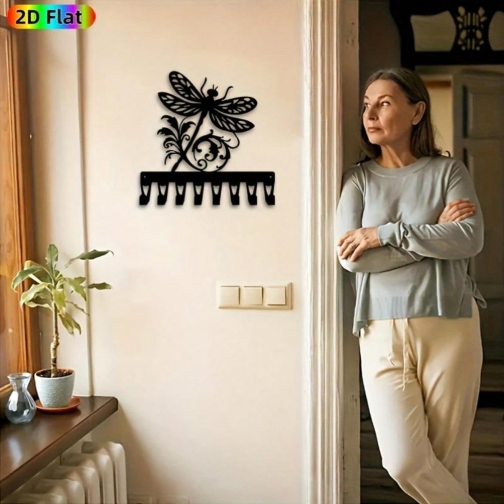 Винтажный металлический настенный держатель для ключей в виде стрекозы с дизайном из листьев Железное искусство 8 крючков Подарок для любителей природы