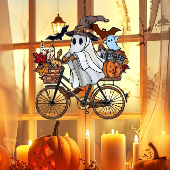 Halloween Ghost Ride Ornament with Lanyard Solar Trap Witch Hat Pumpkin Passenger Hanging Pendant Sun Catcher