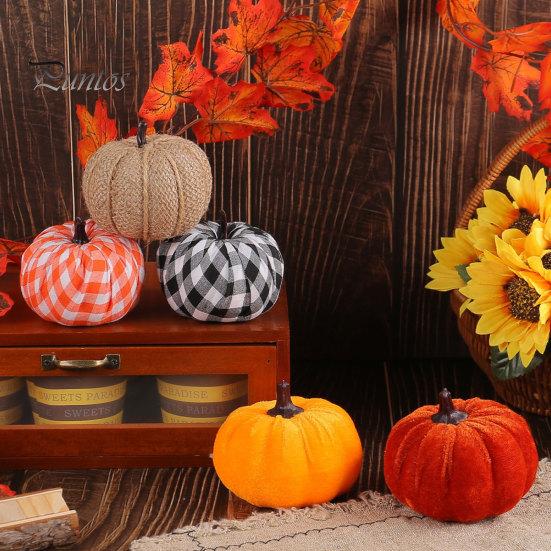 Тыквы из мешковины и бархата 5 шт. Осенний тканевый декор-тыква, Thanksgiving Фермерский набивной клетчатый декор, Урожай Маленькие искусственные для домашнего стола