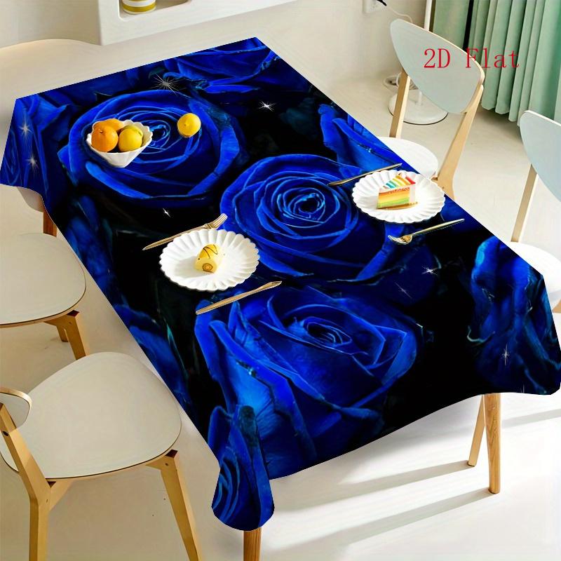 2D Flat 1pc - Dreamy Blue Rose Polyester Tablecloth - Romantic Floral Print with Shiny Details, Suitable for Home, Kitchen, Dining Room, Parties, And