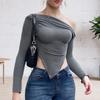 Women Knitting Tops Sexy Sloped Shoulder Collar Irregular Hem Pullover Tops Solid Color Ribbed Blouse