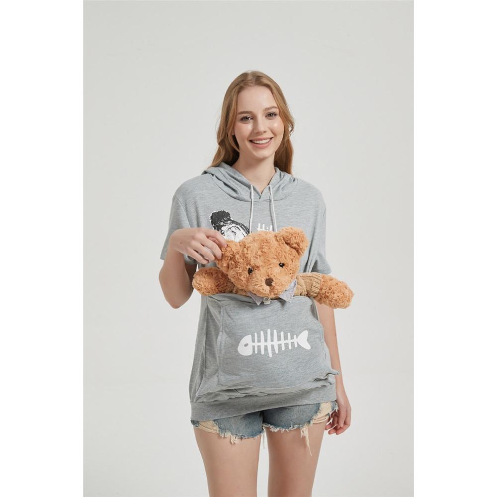 Women's Summer Short-sleeved Large Pocket Cartoon Printed Casual Drawstring Hooded T-shirt