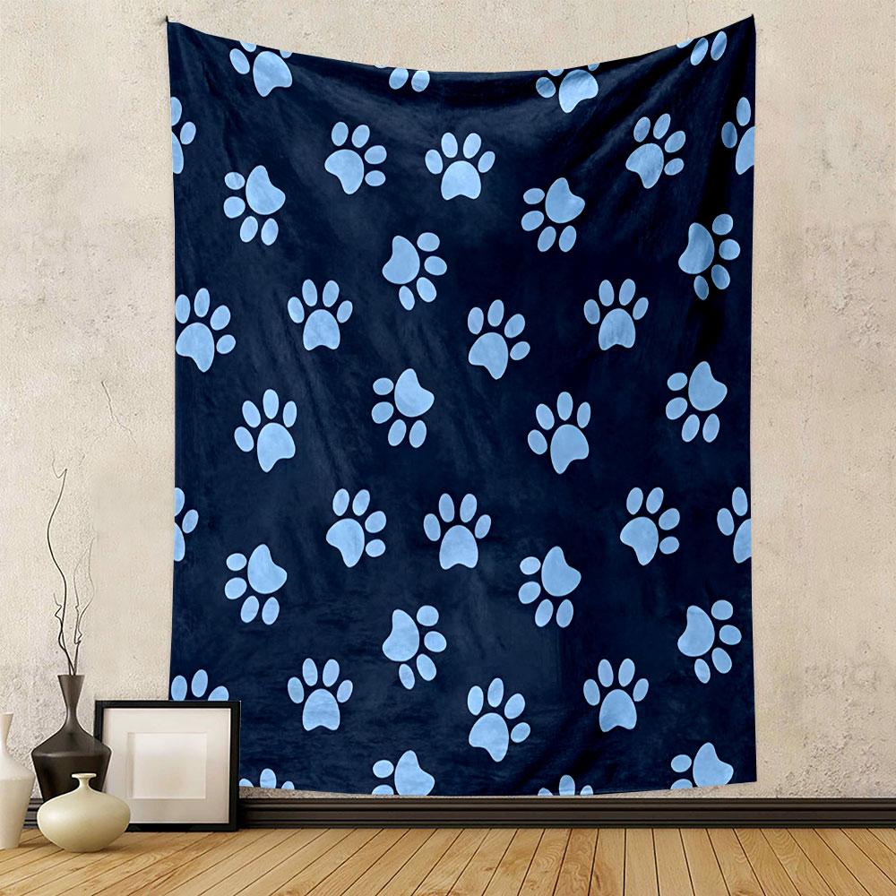 Blue Paw Print Pattern on Dark Background Patterned Tapestry Decorative Wall Hanging, Home Bedroom Living Room Decor