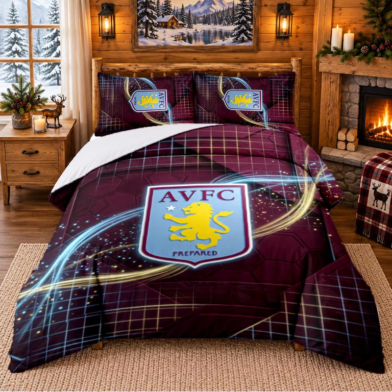 Printed 3Pcs Bedding Set Aston Villa Football Pattern Bed Sheet Pillowcase For Bedroom Decor