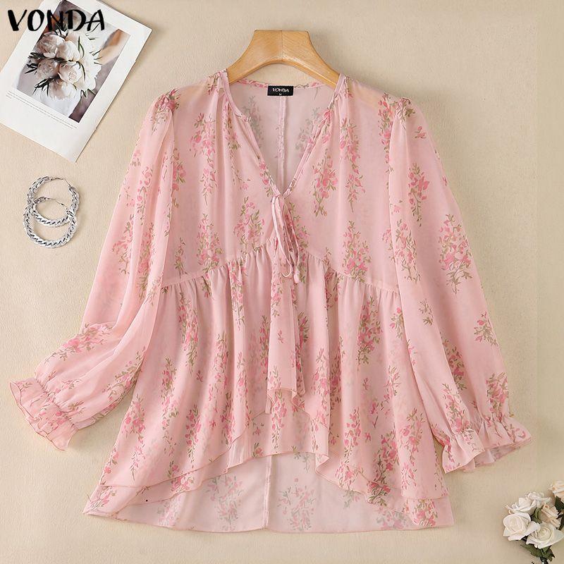 VONDA Womens Bohemian Floral Print V Neck Blouse Long Sleeve Semi-Sheer Irregular Layered Ruffled Tops