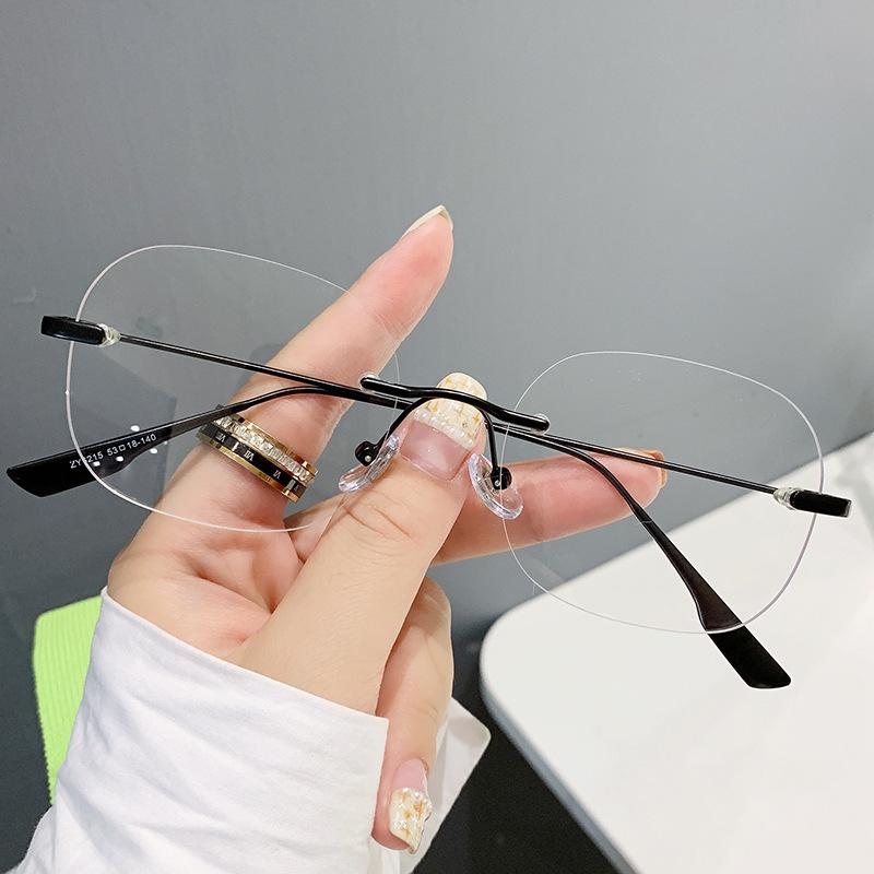 Internet celebrities ins anti-blue flat glasses women, metal frameless polygon fashion glasses frame can be equipped with myopia glasses frame