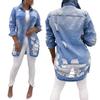 Women Casual Fashion Denim Jacket Long Jean Denim Jacket with Holes Showing Thin