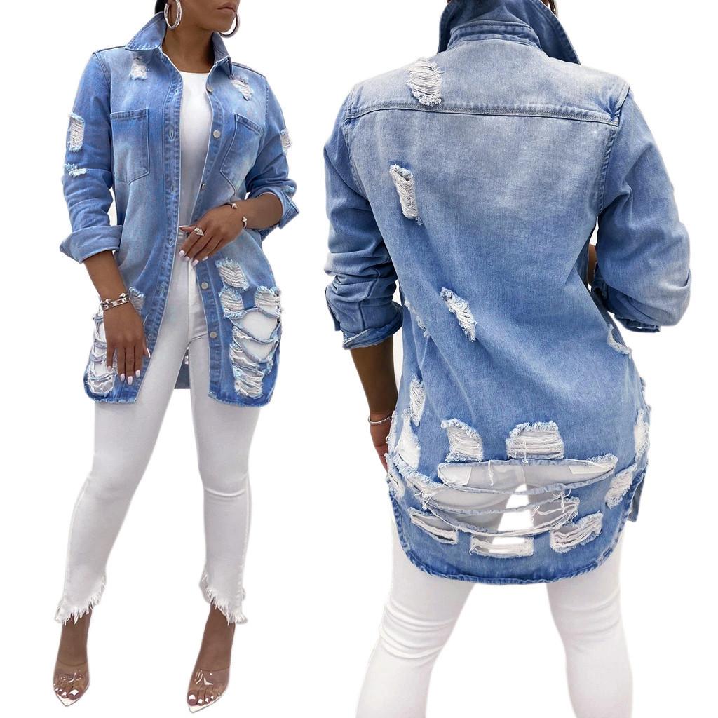 Women Casual Fashion Denim Jacket Long Jean Denim Jacket with Holes Showing Thin