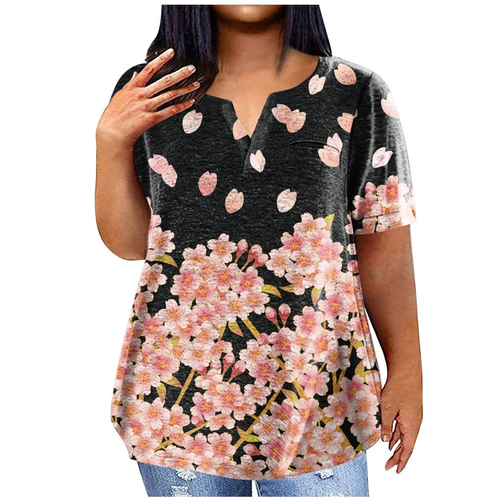Women's Large T-shirt Summer Casual Print V-neck Short Sleeve Pocket Top