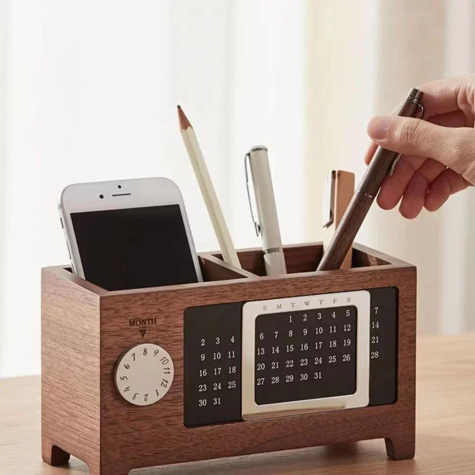 Multifunctional Wooden Desktop Organizer - Calendar & Pen Pencil Holder for Home Office