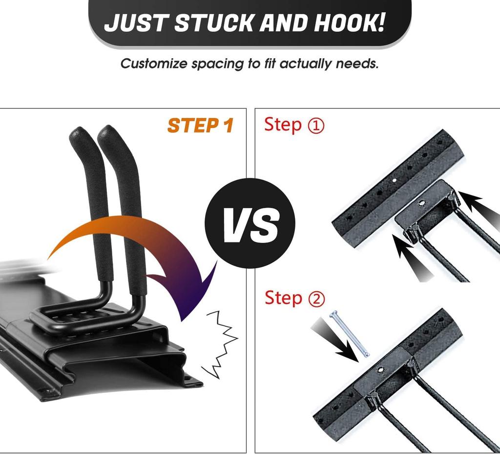 Odoland Double Hook Wall Hanger for and Storage Organization 6 Hooks 3 Single Hooks 120cm Panel Weight Skis, Snowboards, Bicycles, Surfboards, Kayaks,