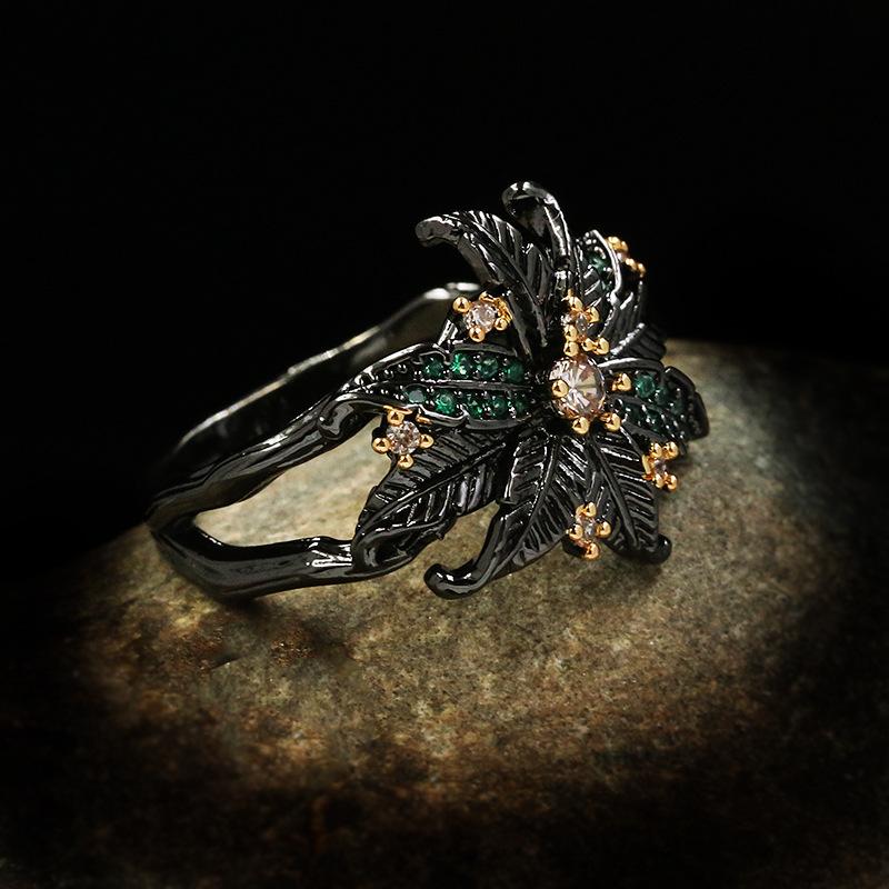 Colorful Coconut Tree Ring Closed Mouth Festival Creative Summer Vacation Style Micro Set Zircon Leaves Flowers Index Finger Two-color Ring