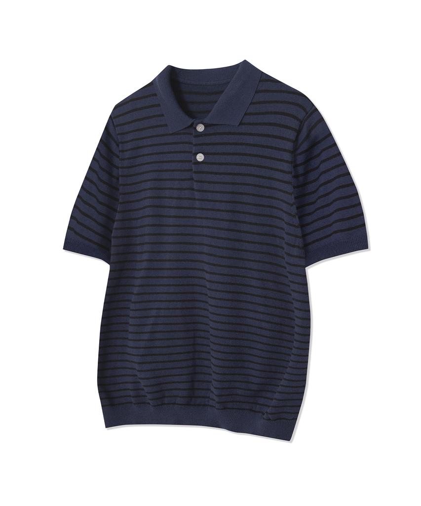 IRONYPORNO WHITELINE 86-Iro358 Color Stripe Button Collar Short Sleeve Knit Deep Navy
